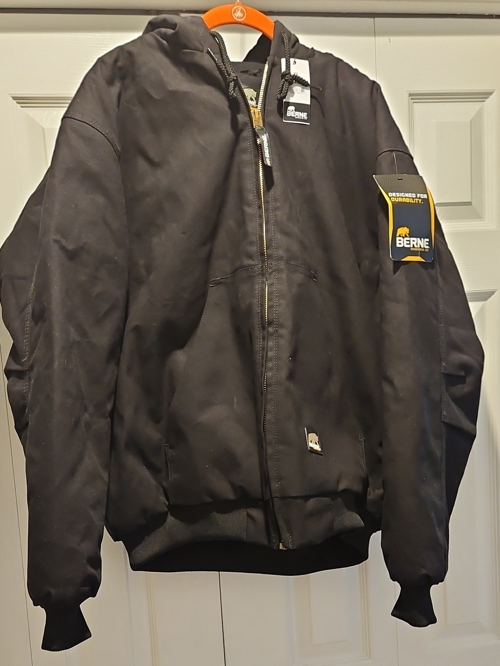 Berne Men’s Insulated Duck Canvas Work Jacket Black Hooded NWT